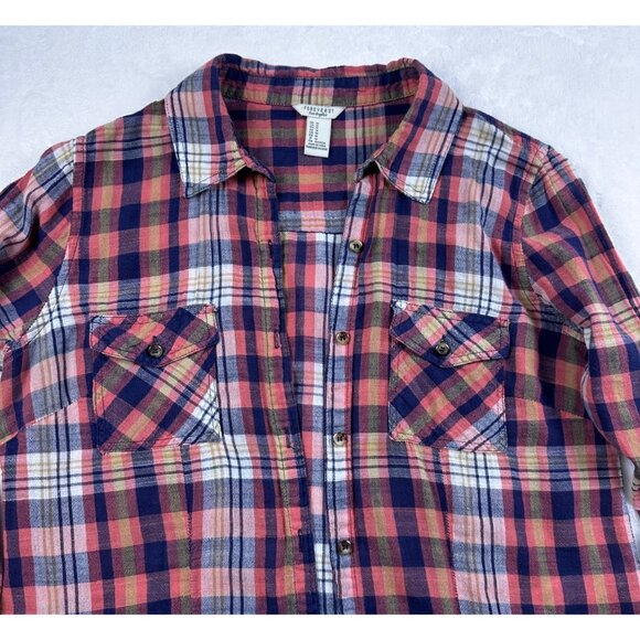 Forever 21 Womens Plaid Button-Up Shirt Sz M Coral & Navy Casual Western Top - Picture 9 of 9